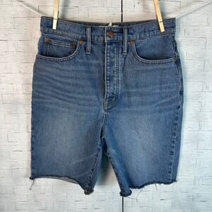 Madewell high rise long denim shorts blue Bermuda normcore tradMom cut-off